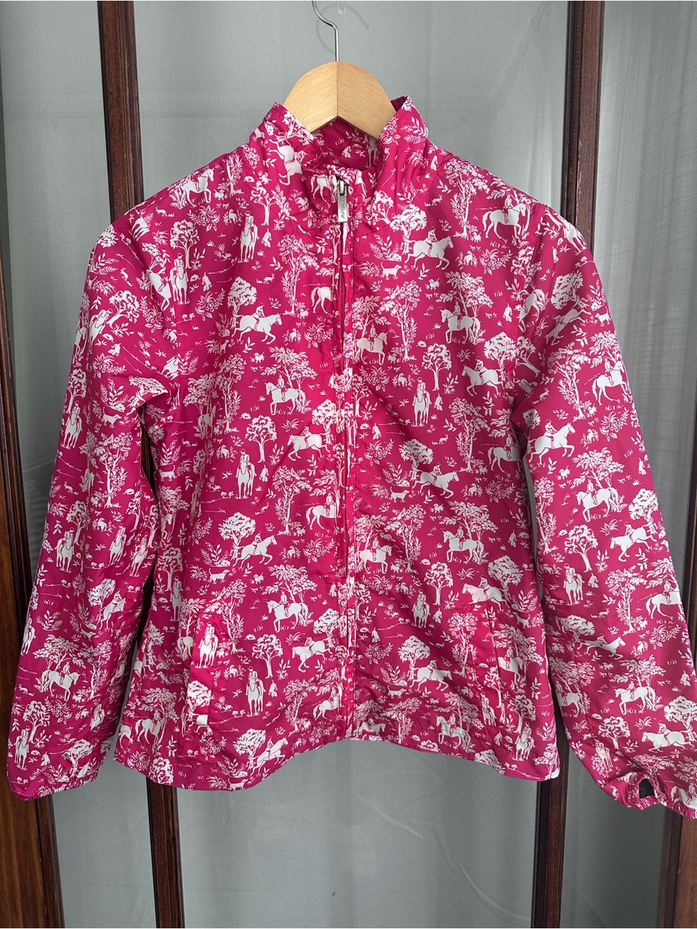 Ariat Girl's‎ Horse Themed Rain Jacket Wind Breaker Size XL 14 Pink White Zip